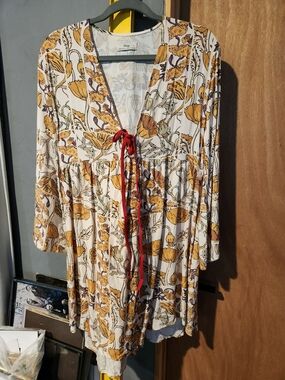 Maje White Floral Mini Dress with Mustard Print and Red Tie